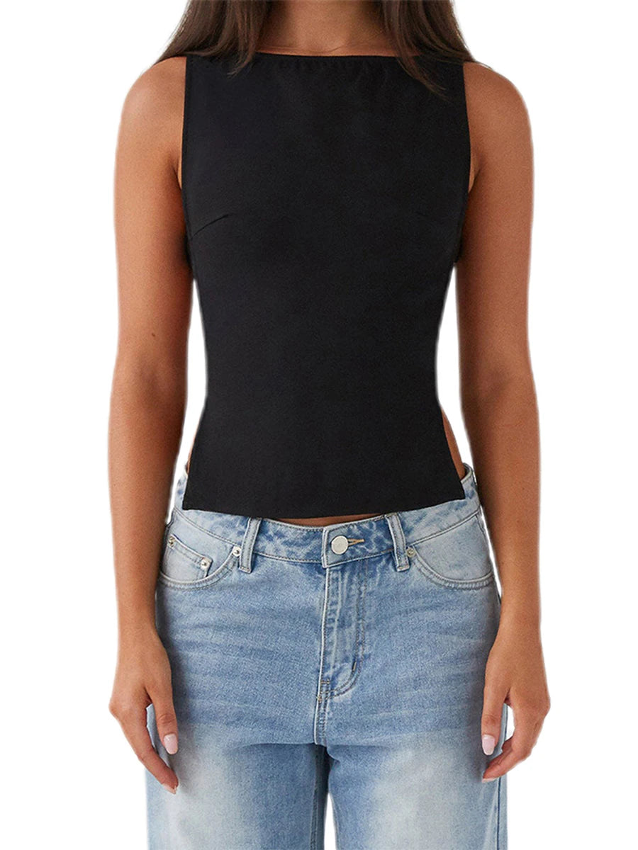 Women s Sleeveless Boat Neck Tank Tops with Side Buckle Detail - Solid Color  Fit Vest for Summer Style