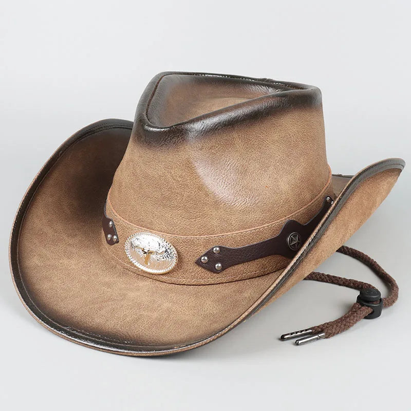 Classic Western Men's Cowboy Hat Women Cowgirl Cap Faux Leather Black Outdoor Casual Sombrero Hombre With Windproof Rope