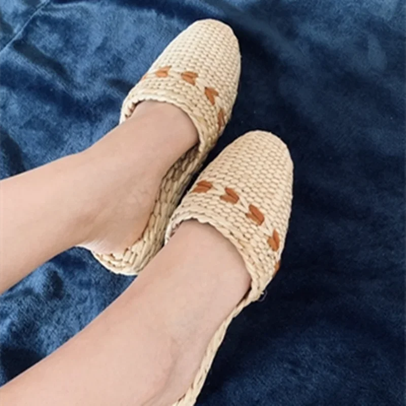 Unisex Hemp Slides Cut-Outs Grass Weaving Shoes Round Toe Novetly Hand-Made Massage Slippers Straw Natural Beige Wide Feet 44-3