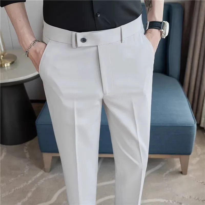 Summer Thin Men's White Casual Khakis 2025 New Nine-Piece Pants Side Button Busin Trendy Straight Leg Trousers for Young Men