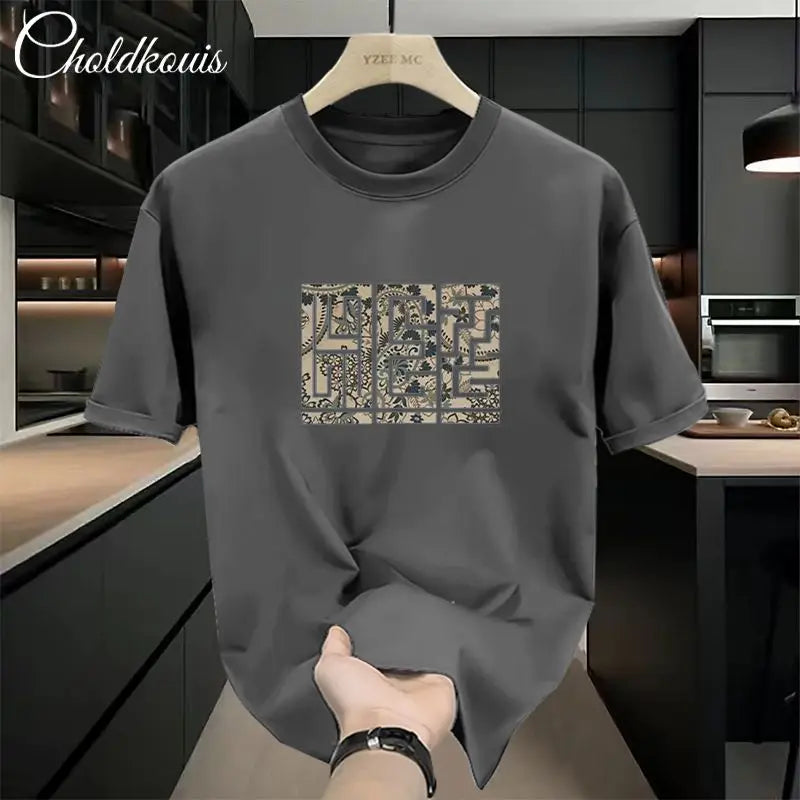 New Summer Luxury Man Casual Cotton 100% Tops for Men O-Neck Loose Printed White T-Shirts 200g Short Sleeved T-shirt for Men