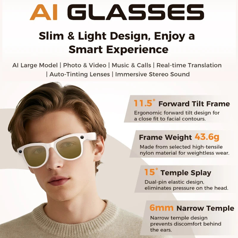 AI Smart Glasses 800W Pixel Camera Translation AI Voice Anti-Shake Video Record Dual Speaker Charging Case BT Call Smart Glasses