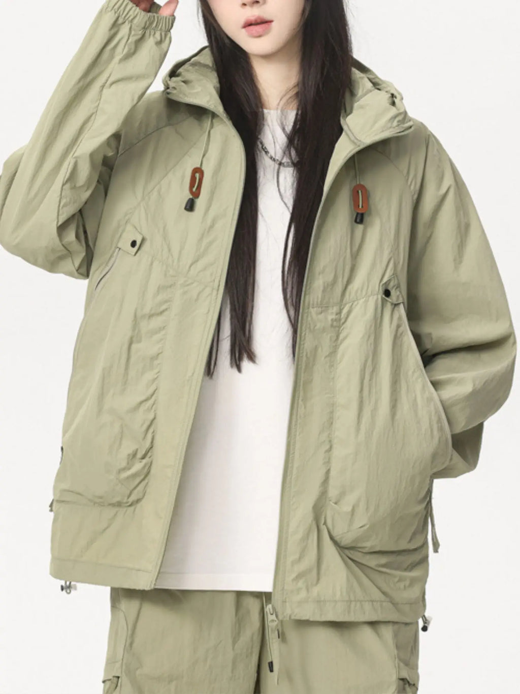 Women's Summer Lightweight Hooded Thin Big Pockets Jacket for Outdoor Biking Sun Protection Windbreaker Adjustable Drawstring