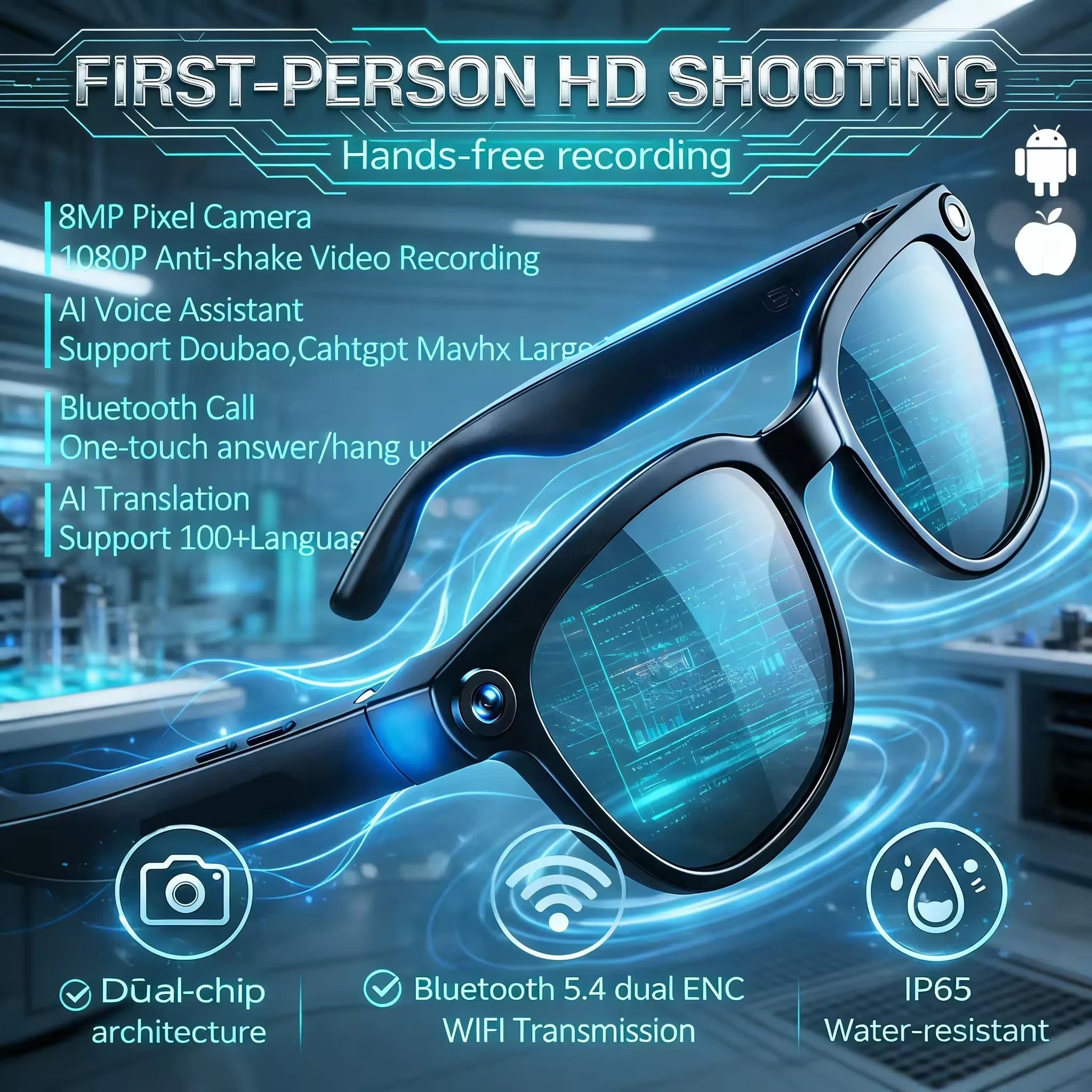 New 8K HD AI smart glasses men 800M camera Bluetooth call waterproof AI translation voice assistant control sunglasses female ne