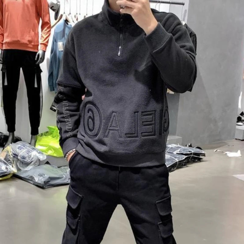 Half Zip Pullover Male Clothes Sweatshirt for Men Hoodieless Slim Fit Top Y2k Vintage 90s No Brand Emo Autumn S Winter Cotton