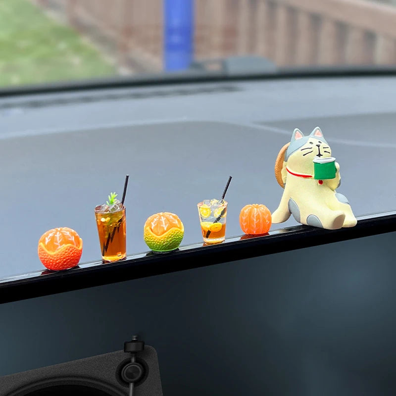 Auto Interior DIY Mini Cat Lemon Tea Coffee Scene Car Dashboard Ornaments Accessory