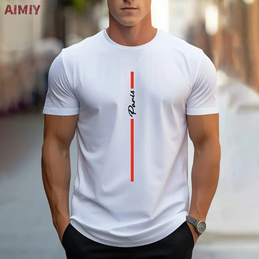 Summer Men's T-shirt Top Casual Loose Fit Oversized T-shirt PARI Letter Pattern Printed Round Neck Short Sleeved Homme Vêtement - Free Item.