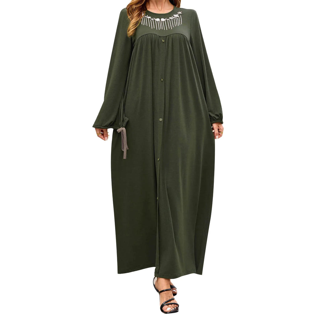 Middle Eastern Style Floral Embroidered Maxi Dress with Tassel Detail and Loose Fit Crew Neck - Long Sleeve Abaya Gown