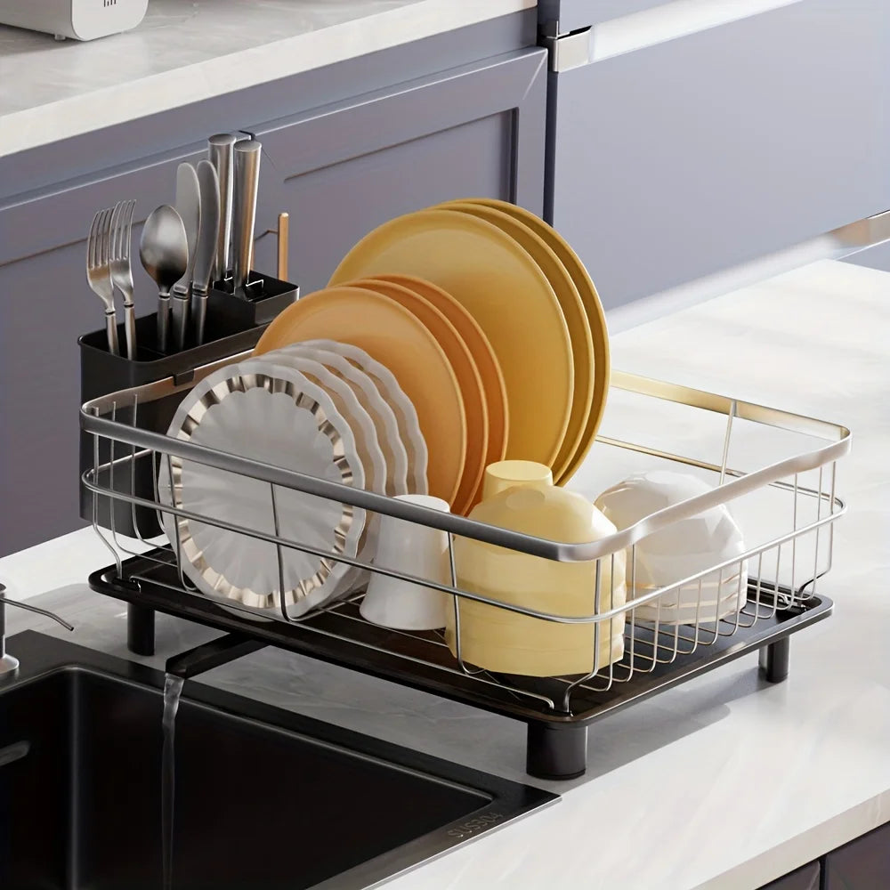 Kitchen Countertop Stainless Steel Dish Drying Rack, Large Capacity Dish Drainer With Utensil Holder, Single/Double Tier