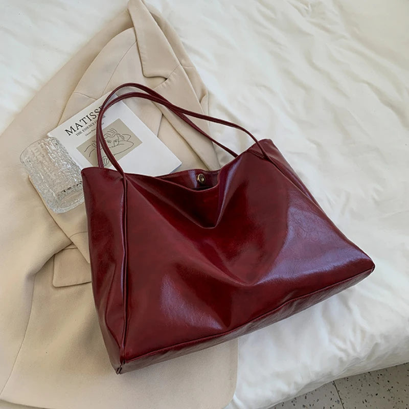 Tote Women's Bag Korean Style Large Capacity Soft Leather Shoulder Bag Retro Casual Hand-held Bucket Bag 2025 Одноплечевая сумка