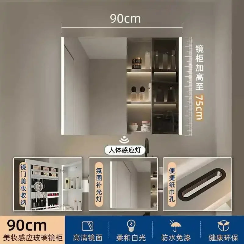 Smart Bathroom Cabinets Makeup Mirror Storage Cabinet LED Light Wall Mirror Cabinet with Time Digital Display Bathroom Furniture