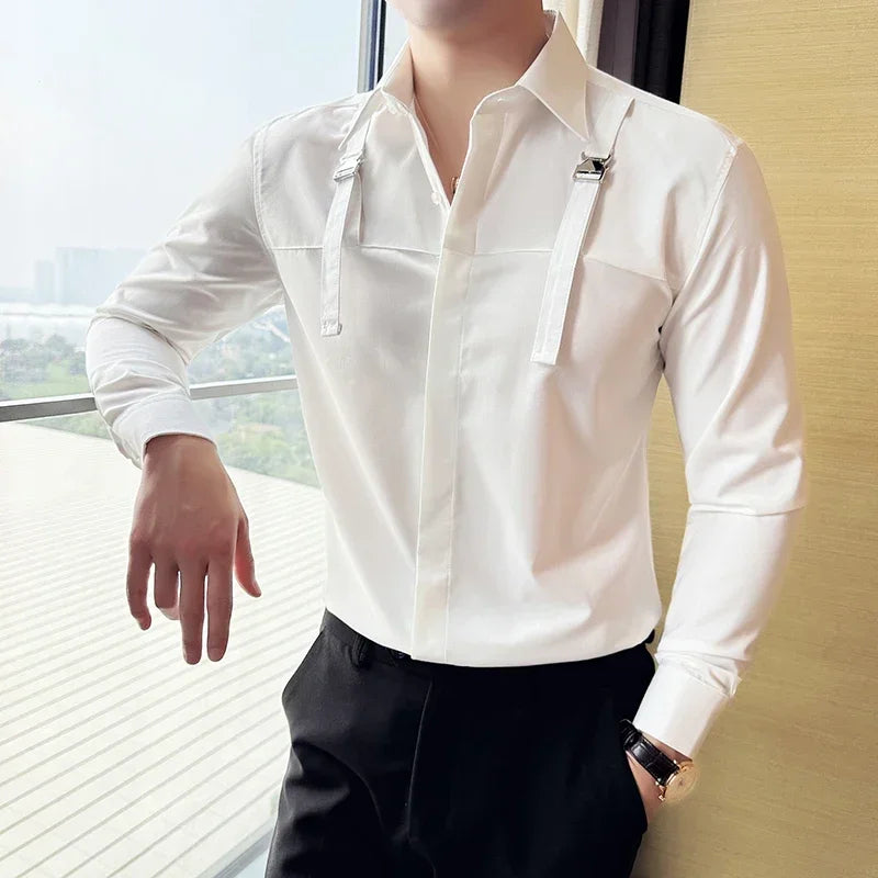 Gentleman Strap Decoration Shirt Men Long Sleeved Casual Business Dress Shirts Social Party Tuxedo Blouse Men Clothing