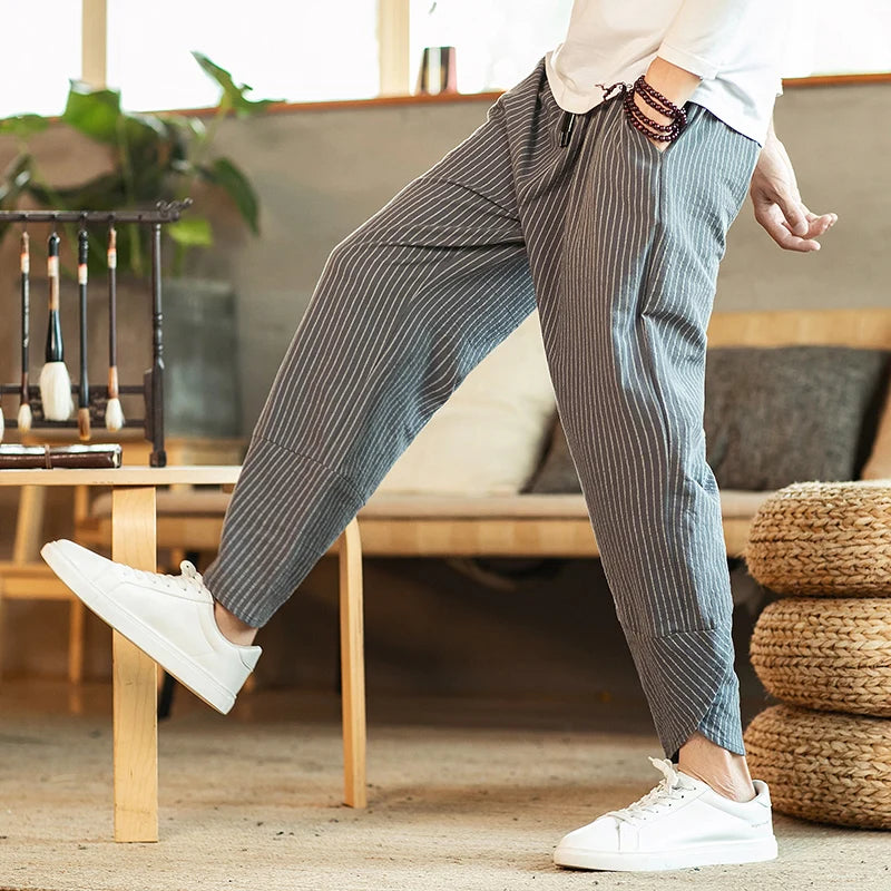 Chinese Style Striped Harem Pants Mens Breathable Cotton Linen Wide Leg Pants Bifurcation Casual Bloomers Fashion Trousers