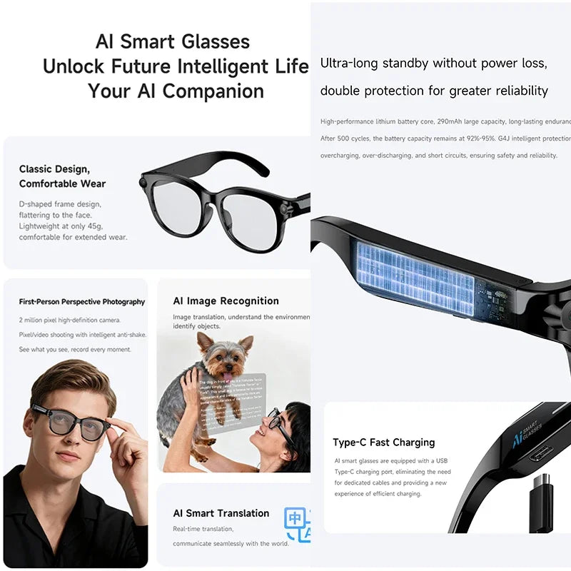 AI smart glasses for first person photography, video shooting, intelligent image recognition, object recognition, language trans