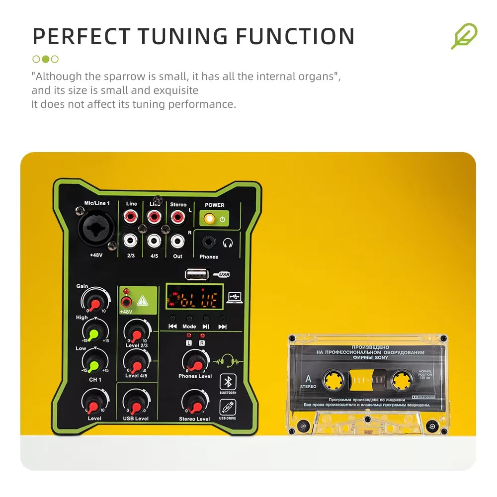 Mini Mixing Console Podcast 4 Channels Sound Card Audio Mixer Individual 48V Bluetooth USB PC Play Record
