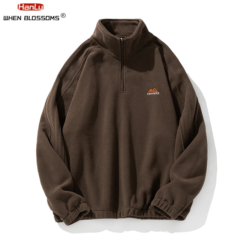 Autumn Winter Fleece Warm Stand Collar Embroidered Half Zip Men's Sweater New WoMen Fashion Streetwear Sweatshirts Casual Coats