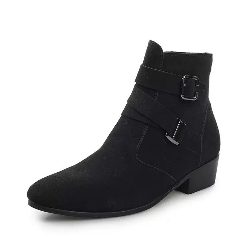 Luxury Men Boots Leather Chelsea Boots High Top Buckle Strap Formal Shoes Black British Style Ankle Boots Pointed Toe White Boot