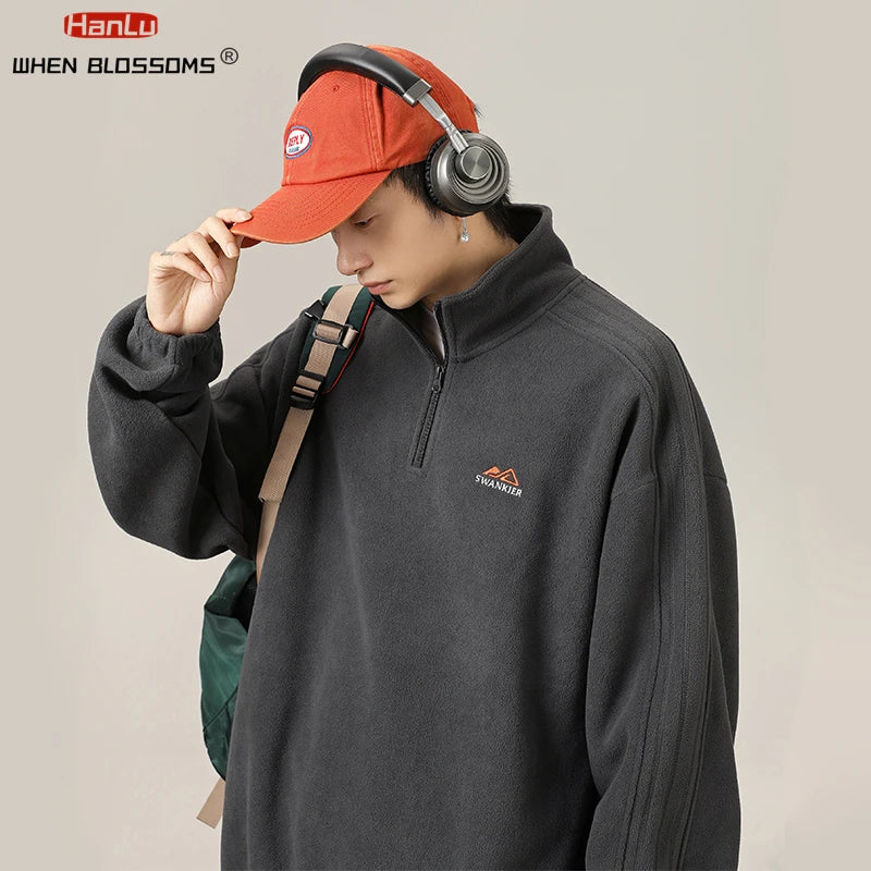Autumn Winter Fleece Warm Stand Collar Embroidered Half Zip Men's Sweater New WoMen Fashion Streetwear Sweatshirts Casual Coats