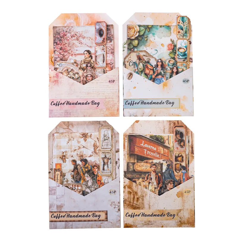1pack/2pack Coffee Journal Kit Series  CoffeeThemed Retro Journal Supply Kit Large Quantity 45 Sheets with 4 Styles