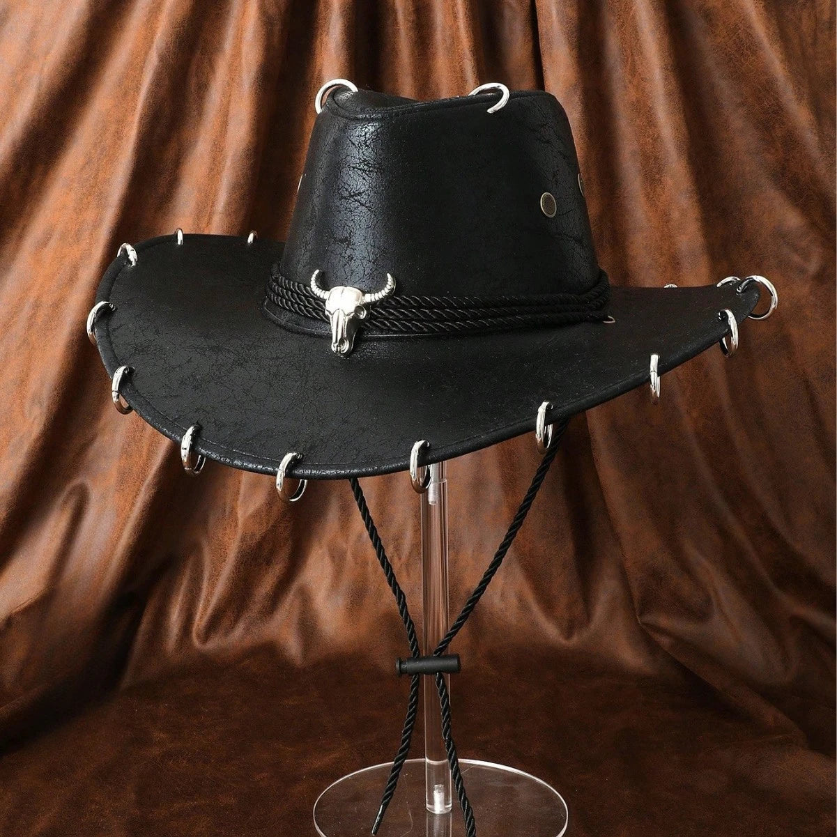 HongLuan Black Cowboy Adjustable Hat PU Leather for Man Travel Western Fashion Cowgirl with Bullhead Badge Outdoor Hats Woman