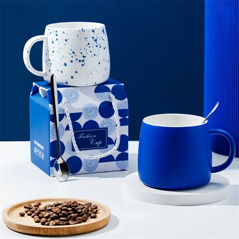 500ml Ceramic Mug Gift Package Blue Coffee Cup Creative design Splash ink Breakfast Oatmeal Cup Festival Gift Porcelain Mug