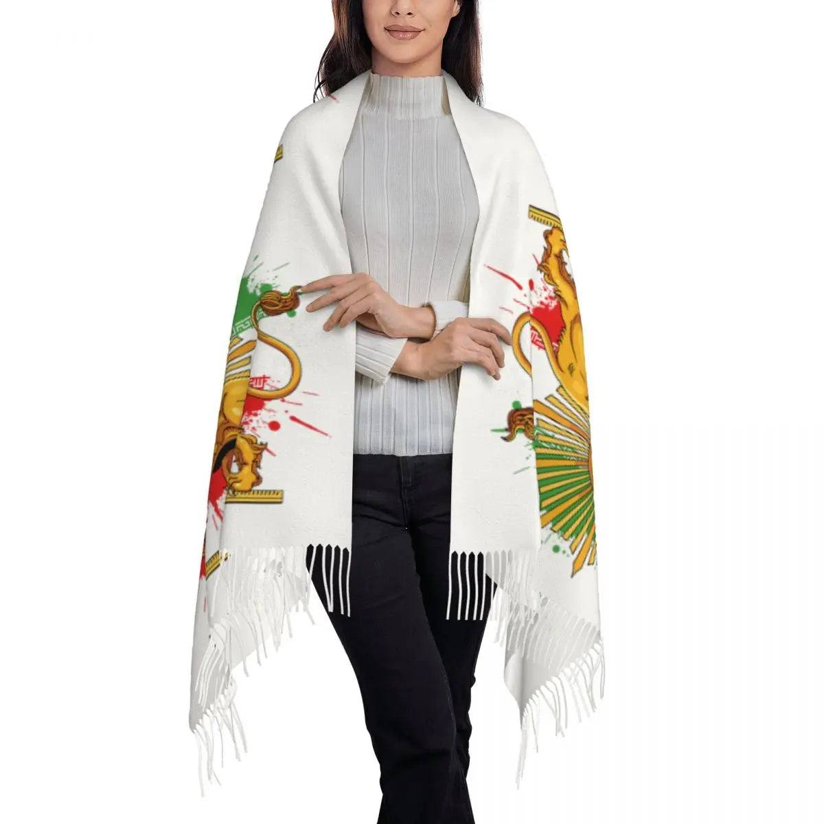 Shir O Khorshid Persia Lion And Sun Iran Persian Scarf Outdoor Shawls and Wrap with Tassel Popular Head Scarves Autumn Bufanda