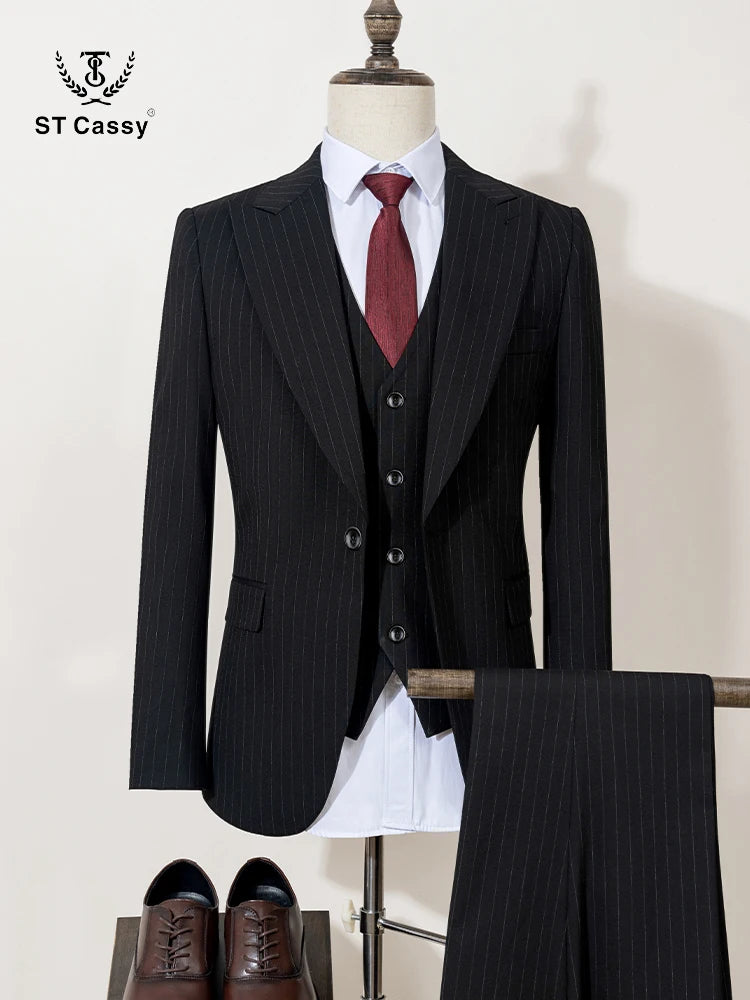 3-piece set(Jacket + vest+pants)  black striped suit slim fit luxurious and elegant men's business suit wedding