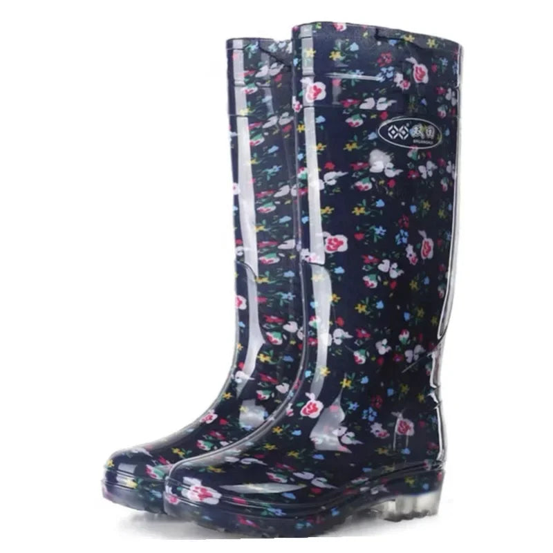 Anti-Slip High-Tube Crystal Flower Ladies Rain Boots PVC Material Kitchen Dining Hall Cleaning Fashionable Water Shoes
