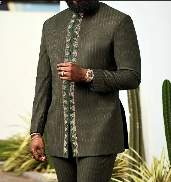 Kaftan Men's Suit African Ethnic Style Long Sleeve Solid Color Casual Suit Men's Traditional Clothing 2-piece Suit