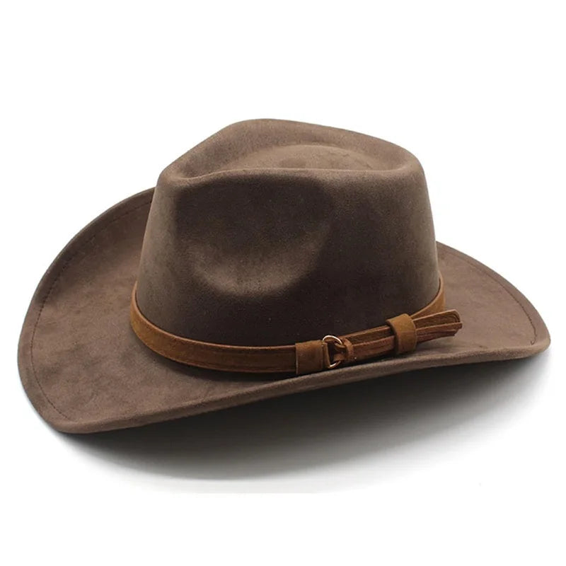 Women Men Felt Cowgirl Cowboy Hat Unisex Vintage Retro Soft Wide Brim Chamois Western Hat with Belt for Party