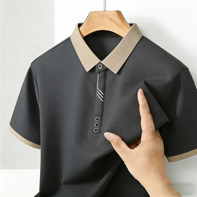 Men's Casual Polo Shirt Short Sleeve Contrast Trim Slim Fit Breathable Office Top 2026