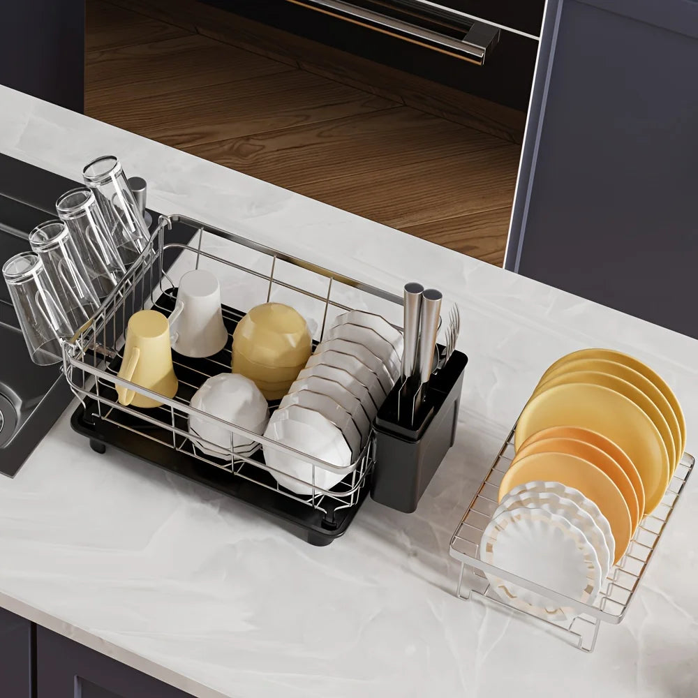 Kitchen Countertop Stainless Steel Dish Drying Rack, Large Capacity Dish Drainer With Utensil Holder, Single/Double Tier