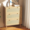 3 Drawer Solid Wooden Rattan Dresser for Bedroom Hallway or Living Room with Spacious Storage and Metal Handles Oaken Color