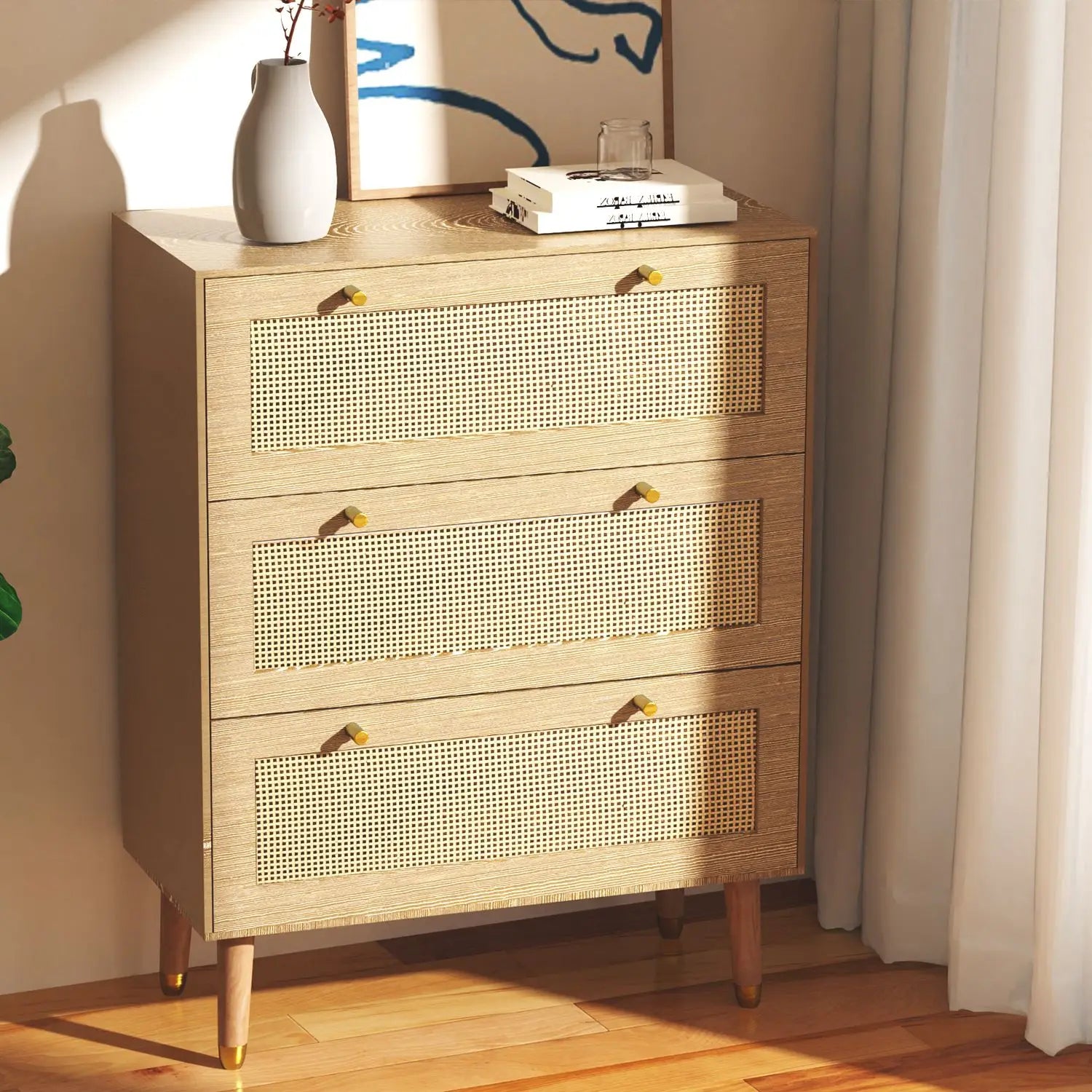3 Drawer Solid Wooden Rattan Dresser for Bedroom Hallway or Living Room with Spacious Storage and Metal Handles Oaken Color