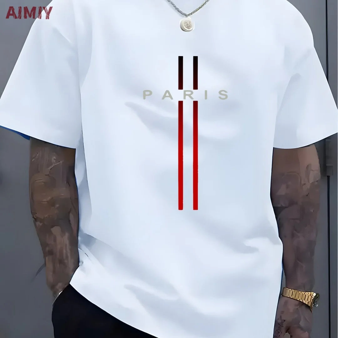 Summer Men's T-shirt Top Casual Loose Fit Oversized T-shirt PARI Letter Pattern Printed Round Neck Short Sleeved Homme Vêtement - Free Item.
