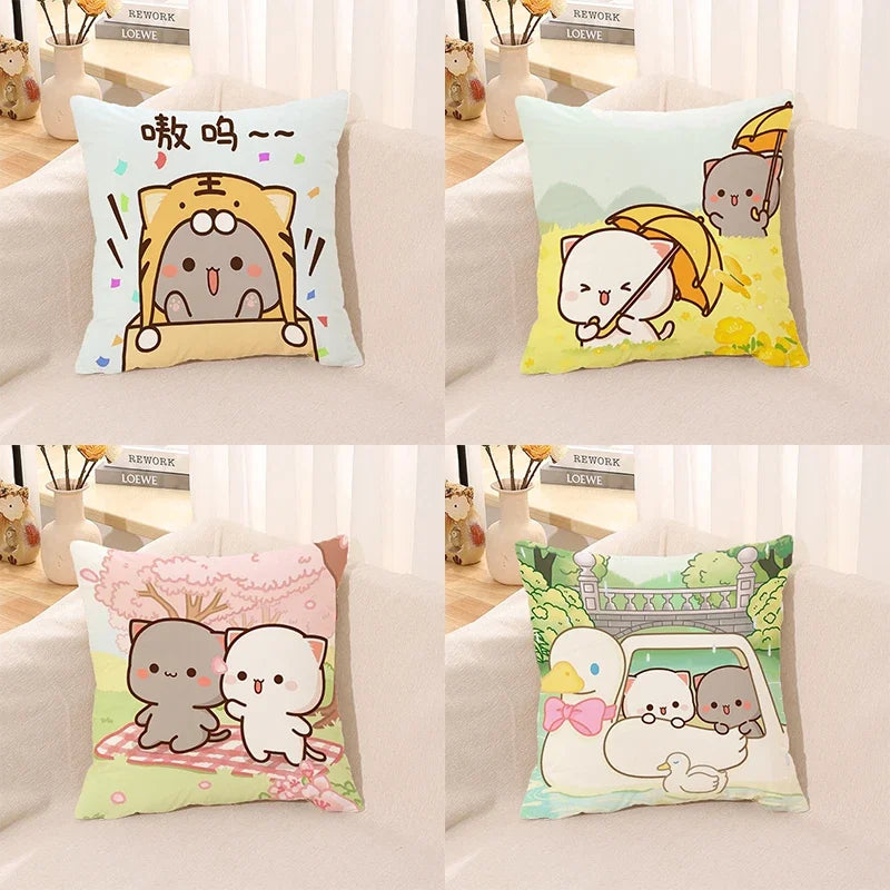 Pillow Cover Square Cushion  for Bed Car Office Peach Mochi Cat Decorative  Anime  Room
