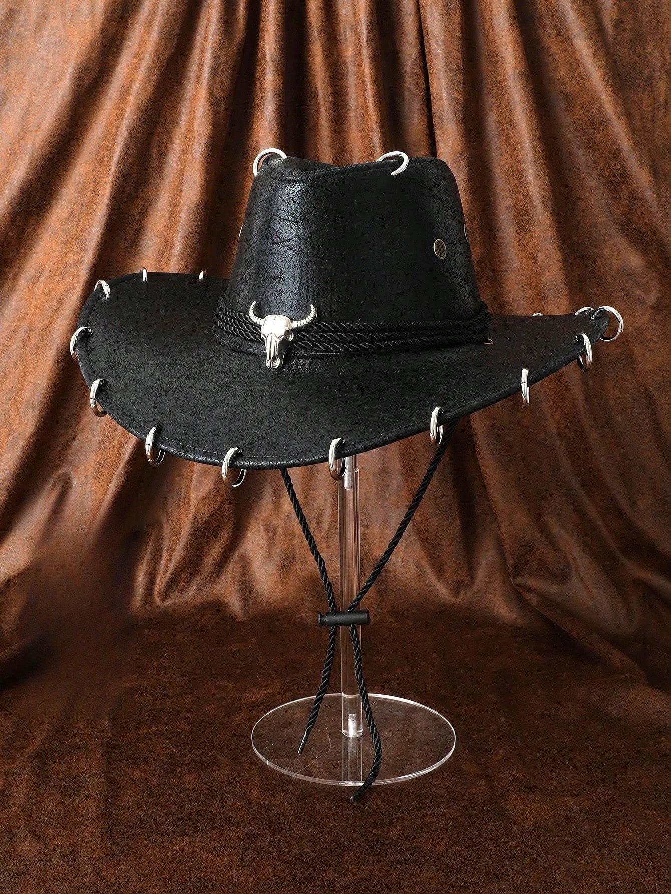 HongLuan Black Cowboy Adjustable Hat PU Leather for Man Travel Western Fashion Cowgirl with Bullhead Badge Outdoor Hats Woman