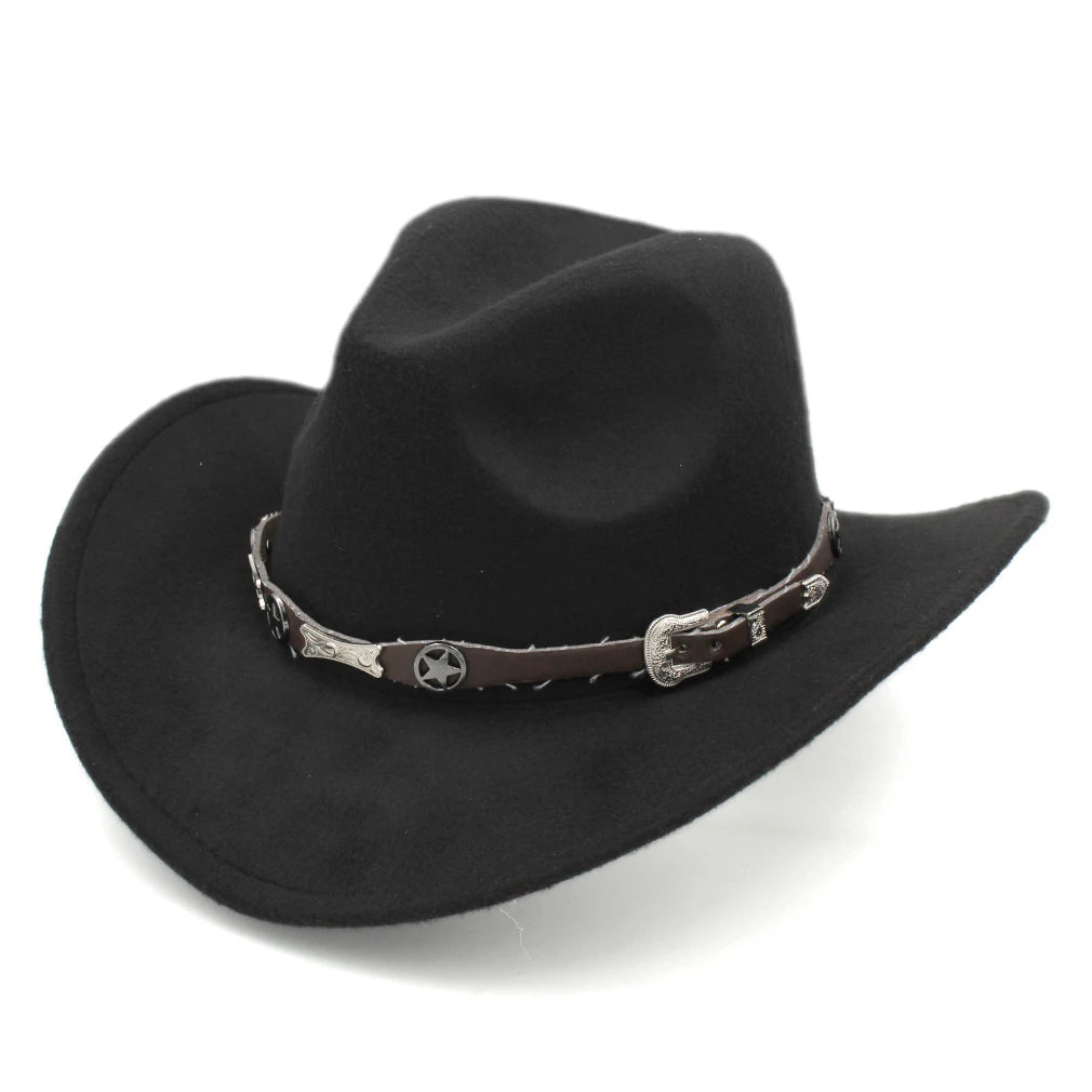Women's Men's Western Cowboy Hat Wide Brim with Leather Belt Costume Cowgirl Fedoras Caps Chapeau for Masquerade Party Birthday