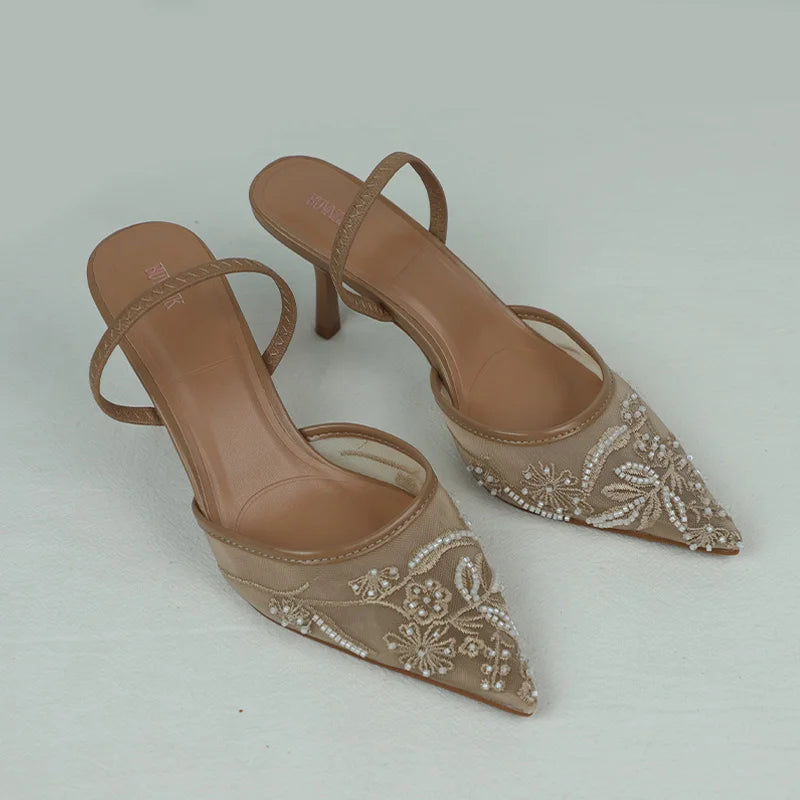 Women's Sandals 2025 Summer Brand Designer Ladies Flower Mesh Open Heel Shoes Sexy High Heel Pointed Toe Stiletto Pumps Mules