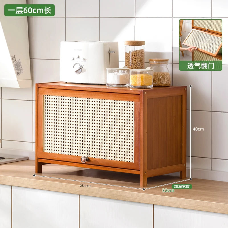 Kitchen Storage Cabinet with Handle, Mesh Door Microwave Oven Rack, Floor Standing Spice Organizer, Multi-Layer Tableware Shelf