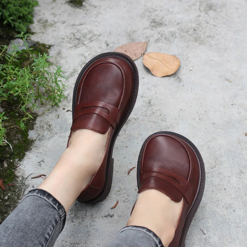 Large Head Genuine Leather Shoes Retro Large   Toe Cow Leather Women's Shoes Lefu Shoes