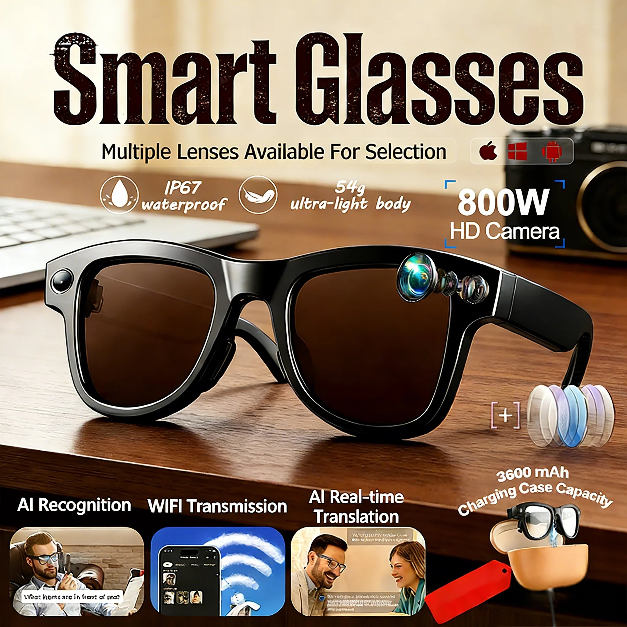 4K HD Upgrade Smart Glasses With Camera Video Recording AI Photo Recognition Bluetooth Call Translation Voice Sunglasses Men