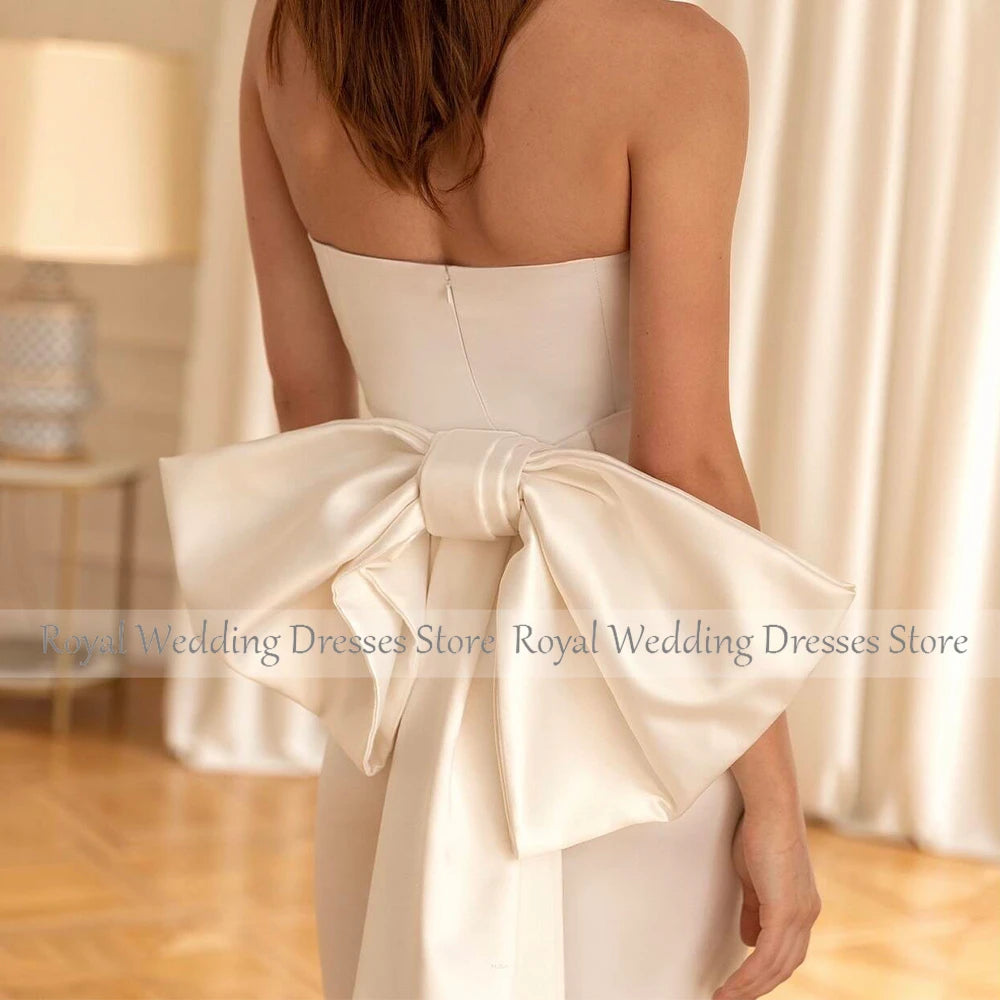 Midi Wedding Dress for Women 2023 Bride Strapless Sheath/Column  Gown Tea Length Sleeveless Bow Simple Bridal  Satin