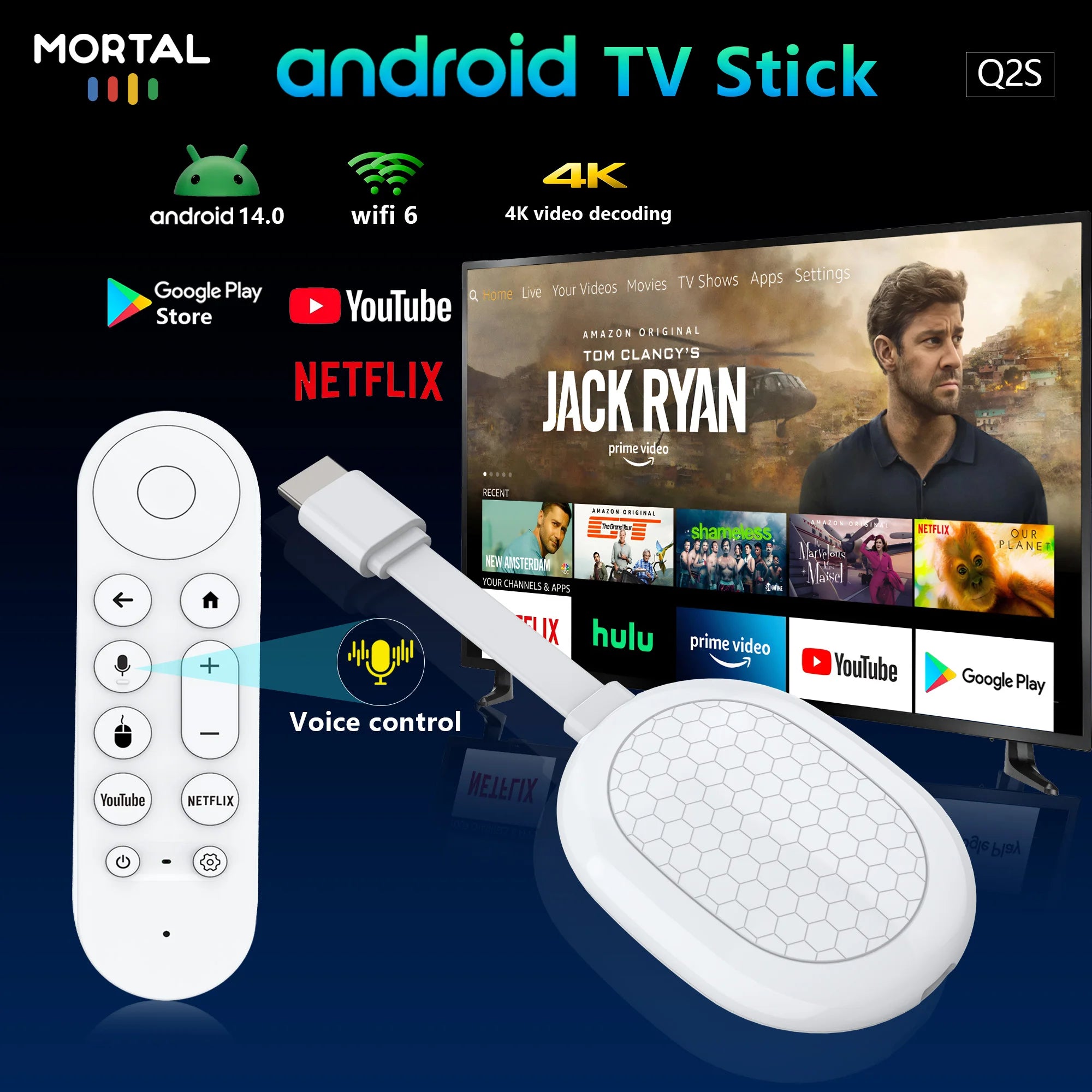 Smart TV stick Android14 Allwinner H313 Mortal Q2S Chromecast Voice remote WiFi6 4K@60fps WiFi6 Blueooth 2GB8GB16GB Streaming