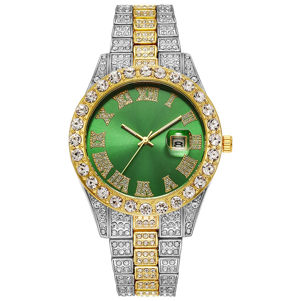 Hip Hop Luxury Men Calendar Watch Stainless Steel Gold Color Iced Out Paved Rhinestones Wristwatch Reloj Hombre