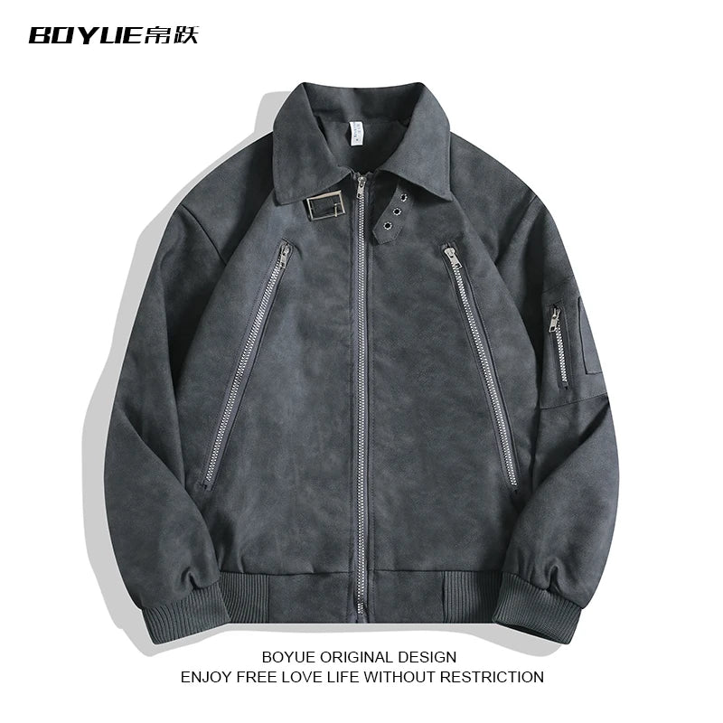 Boyue American Retro adient Leather Jaet Zipper Design Biker Jaet Cool Men's Jaet Loose Fit Long Sve Pure Color