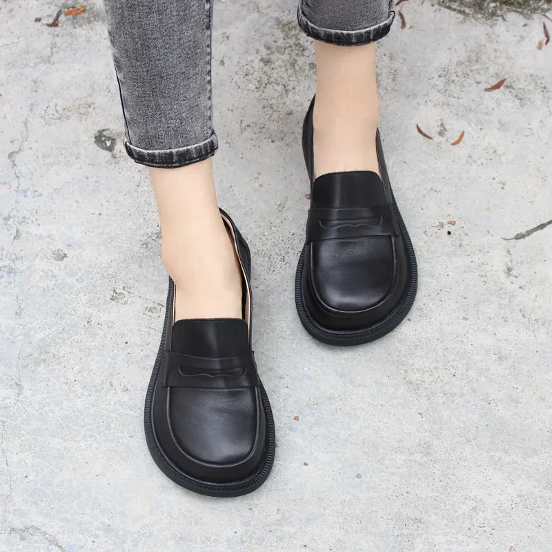 Large Head Genuine Leather Shoes Retro Large   Toe Cow Leather Women's Shoes Lefu Shoes