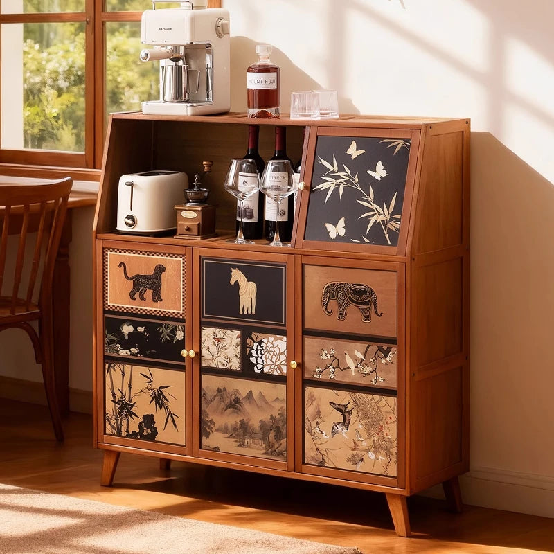 Mid-Century Modern Kitchen Sideboard Multi-layer Narrow Storage Cabinet Bamboo Buffet Console for Dining Room Organizer Cabinets