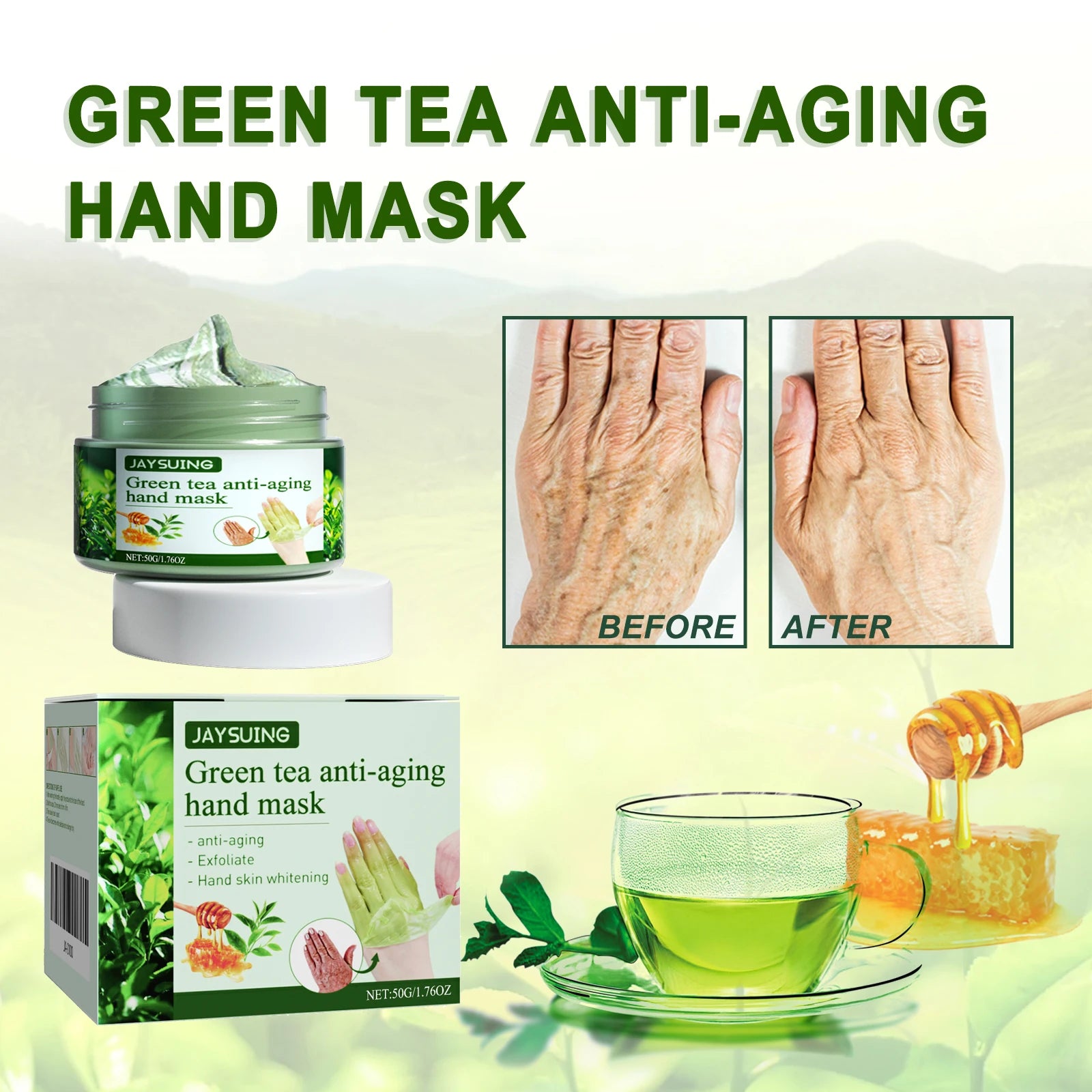 Green Tea Anti-Wrinkle Hand Mask - Hydrating & Moisturizing, Firms & Revitalizes Hand Skin