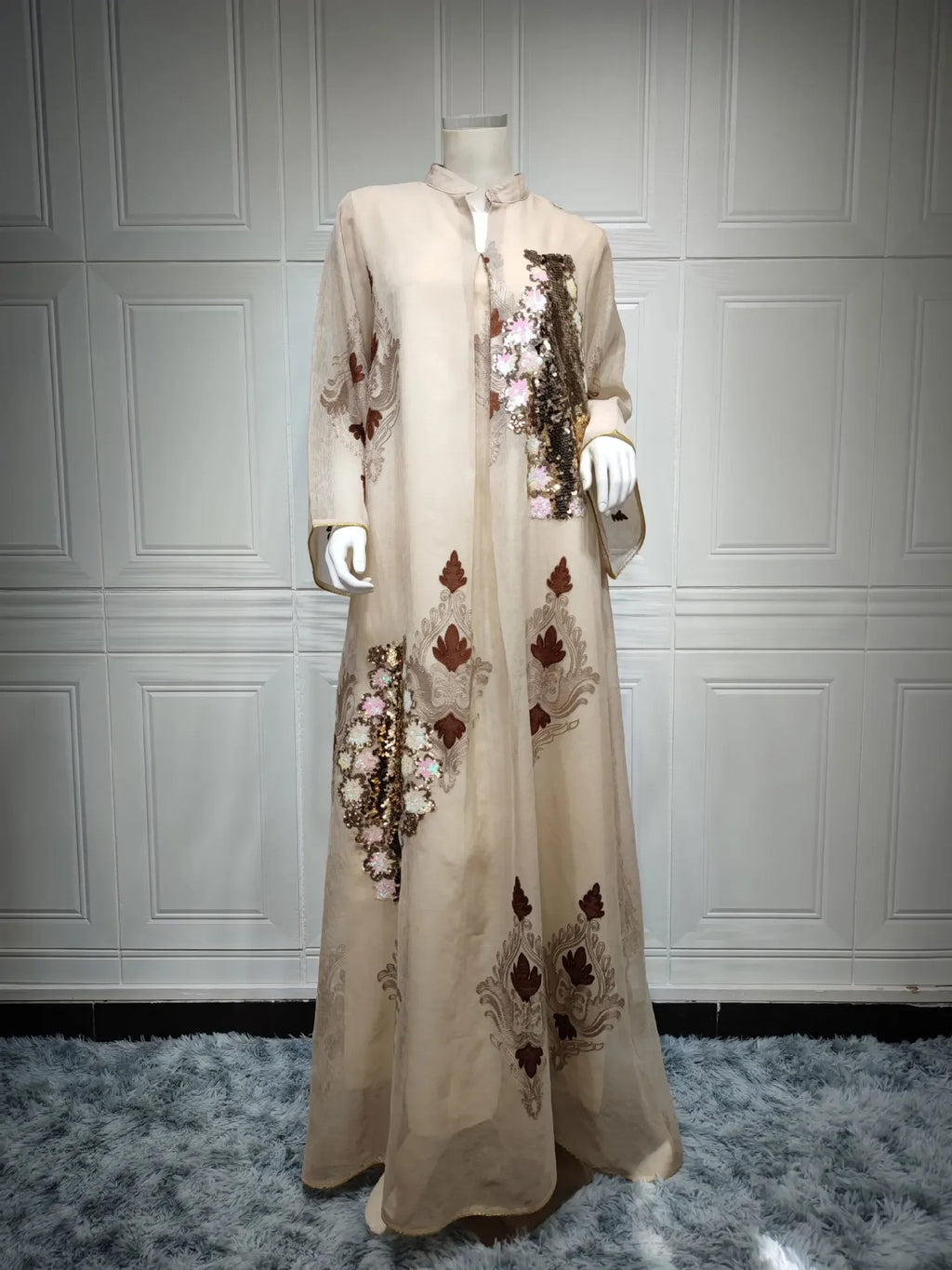 Kaftan Muslim Abaya Clothes for Muslim Women Summer Fashion Muslim Women Long Sleeve V-neck Sequin Long Maxi Dress Dubai Abaya